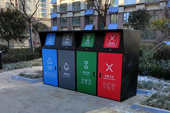 小區安裝四分類垃圾桶罩，垃圾分類亭